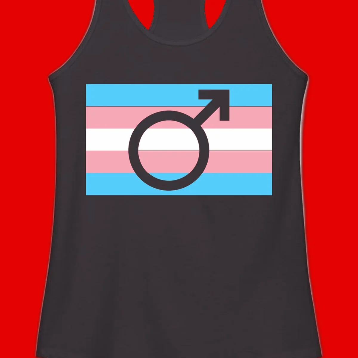 Gray transgender symbol with male arrow and circle overlaid on light blue, pink, and white horizontal stripes representing the trans pride flag