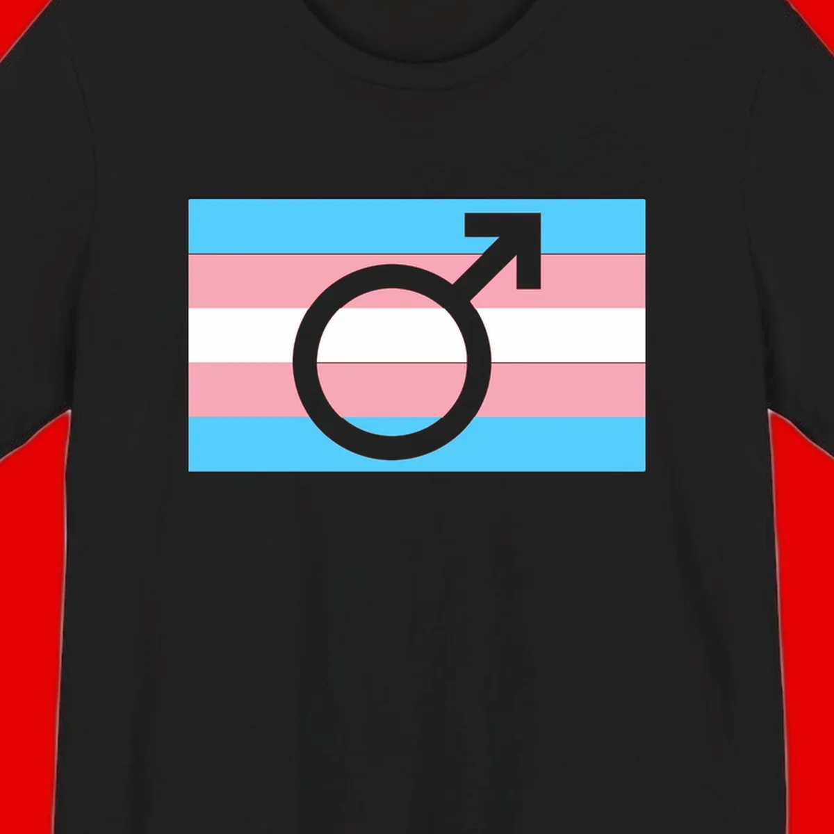 Gray transgender symbol with male arrow and circle overlaid on light blue, pink, and white horizontal stripes representing the trans pride flag