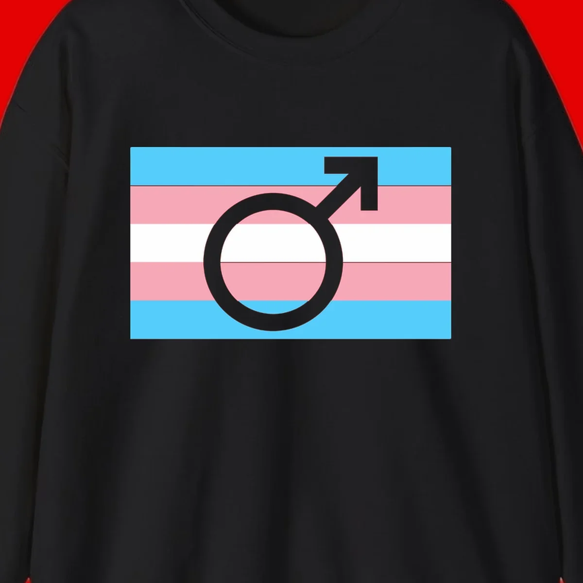 Gray transgender symbol with male arrow and circle overlaid on light blue, pink, and white horizontal stripes representing the trans pride flag