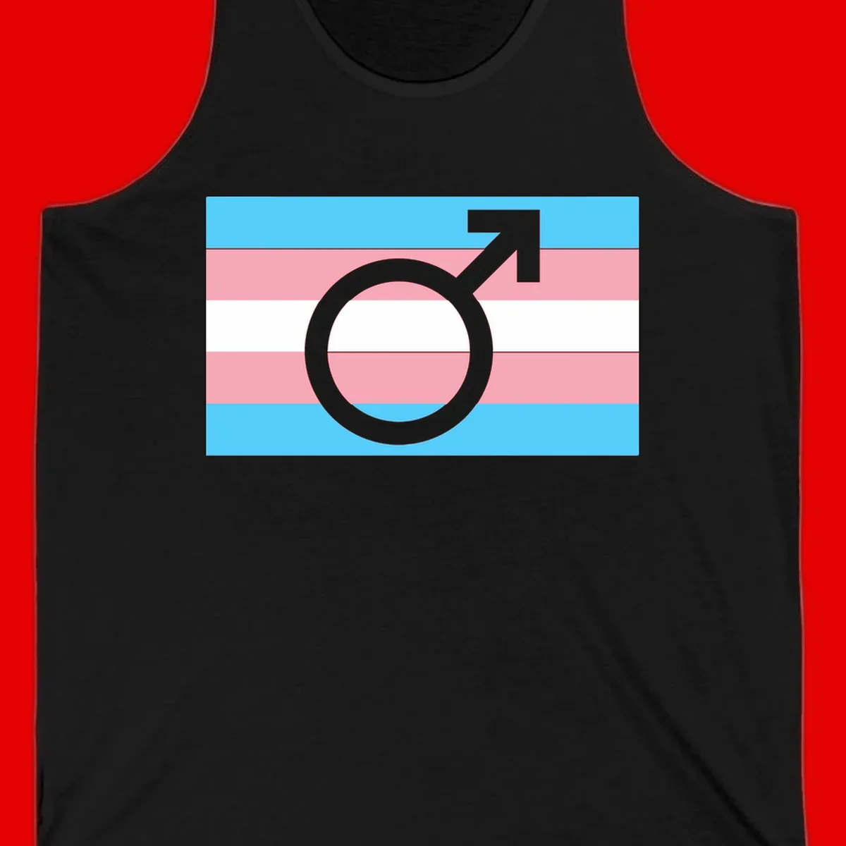 Gray transgender symbol with male arrow and circle overlaid on light blue, pink, and white horizontal stripes representing the trans pride flag