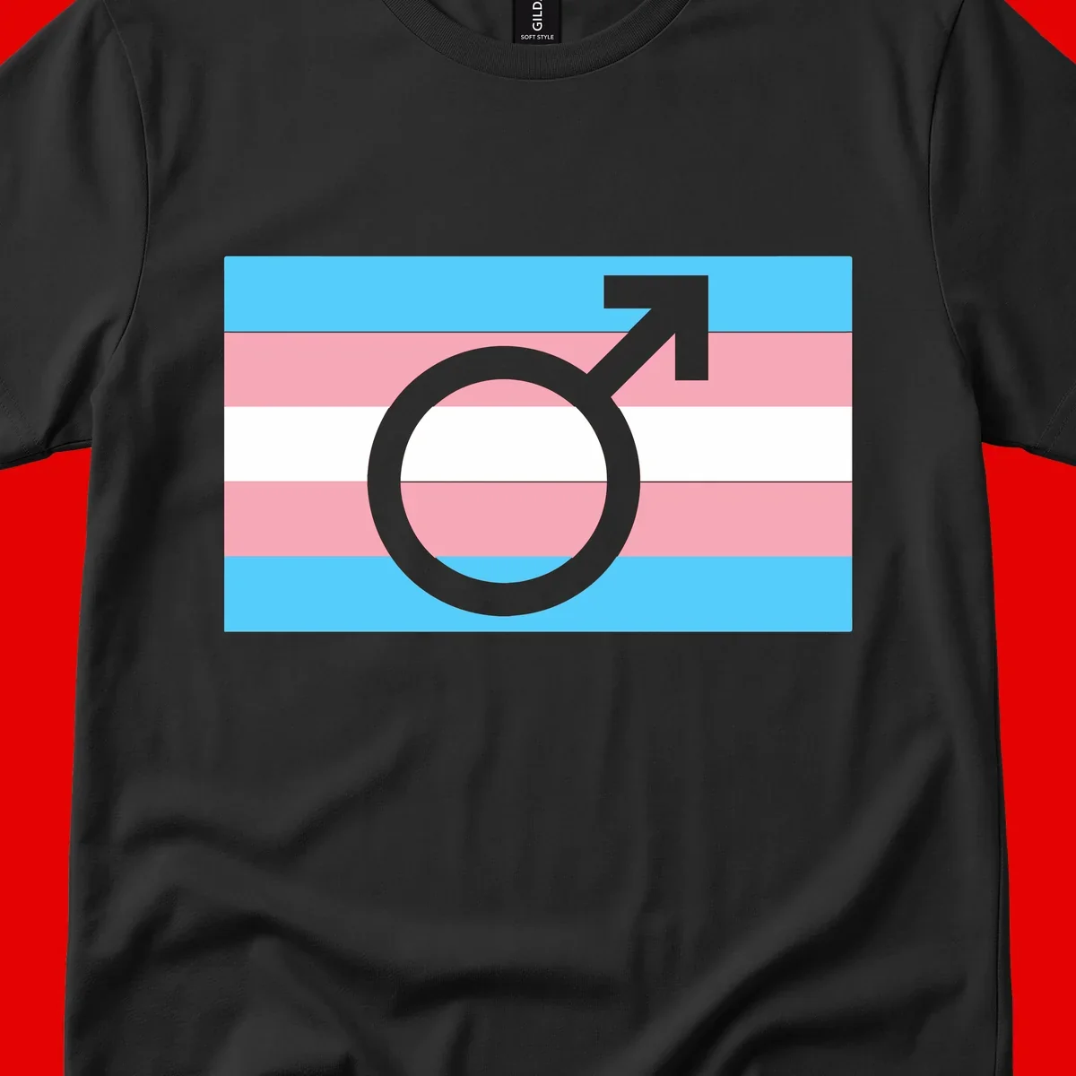 Gray transgender symbol with male arrow and circle overlaid on light blue, pink, and white horizontal stripes representing the trans pride flag