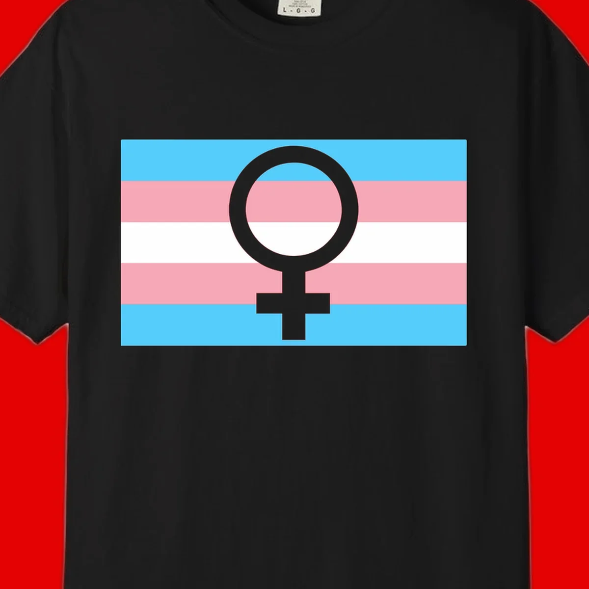 Gray female symbol centered on trans pride flag with cyan, pink, and white horizontal stripes