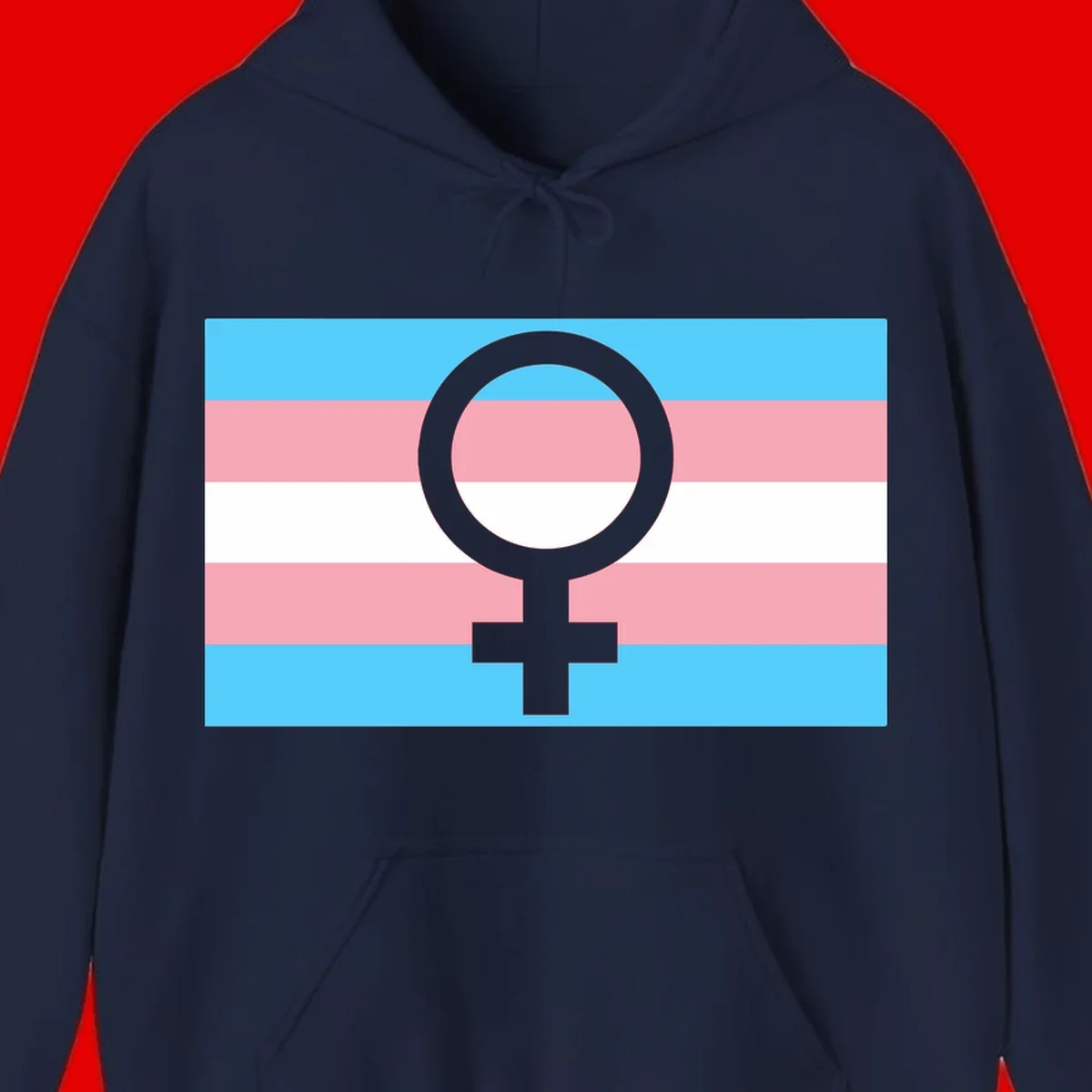 Gray female symbol centered on trans pride flag with cyan, pink, and white horizontal stripes