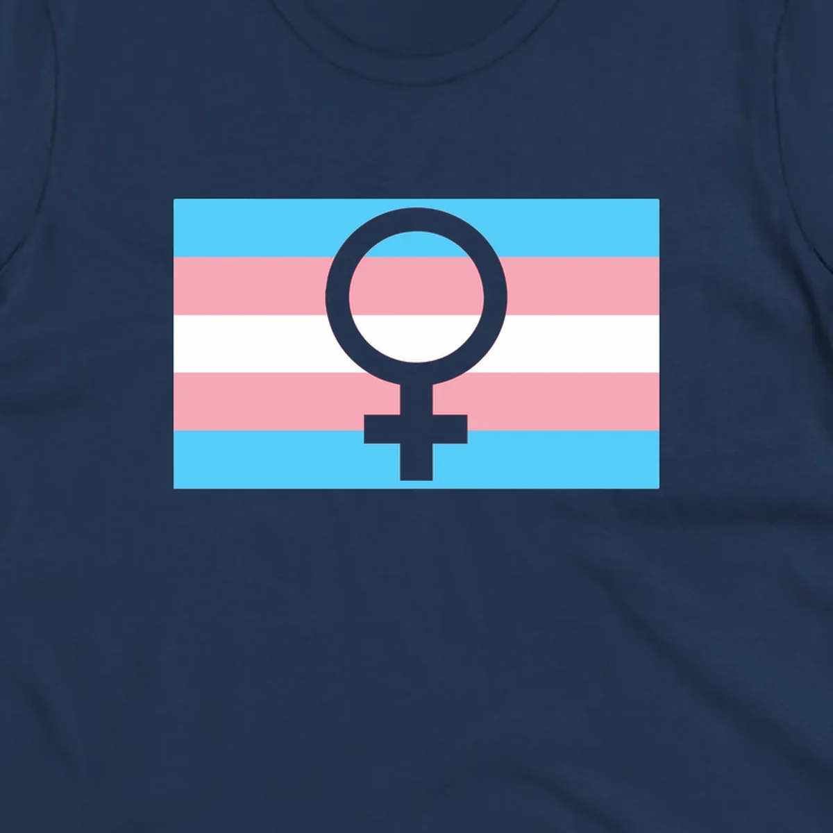 Gray female symbol centered on trans pride flag with cyan, pink, and white horizontal stripes