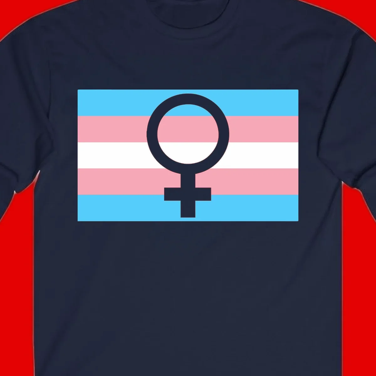 Gray female symbol centered on trans pride flag with cyan, pink, and white horizontal stripes
