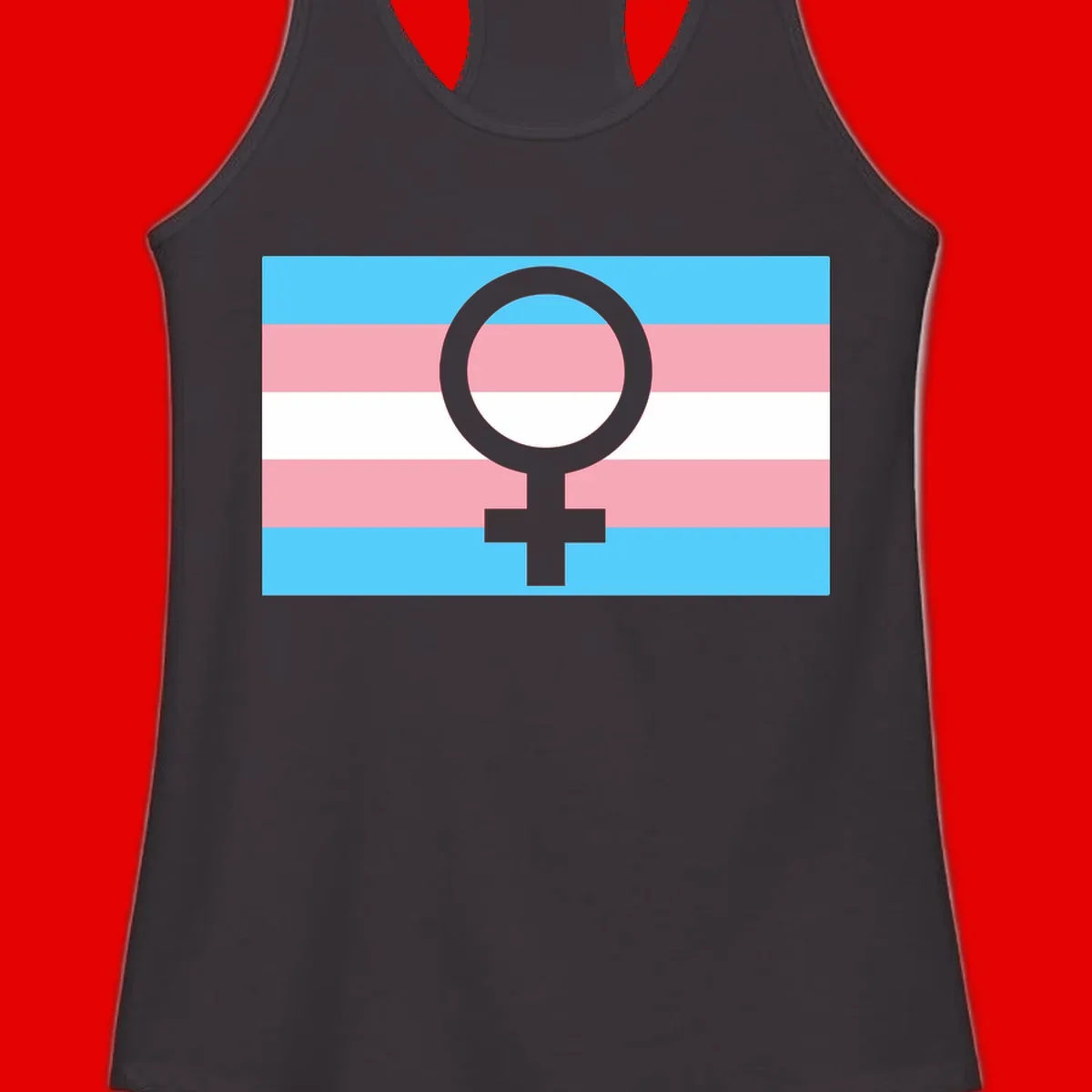 Gray female symbol centered on trans pride flag with cyan, pink, and white horizontal stripes