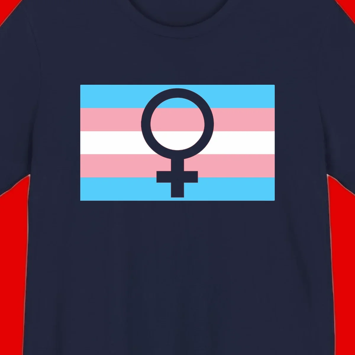 Gray female symbol centered on trans pride flag with cyan, pink, and white horizontal stripes