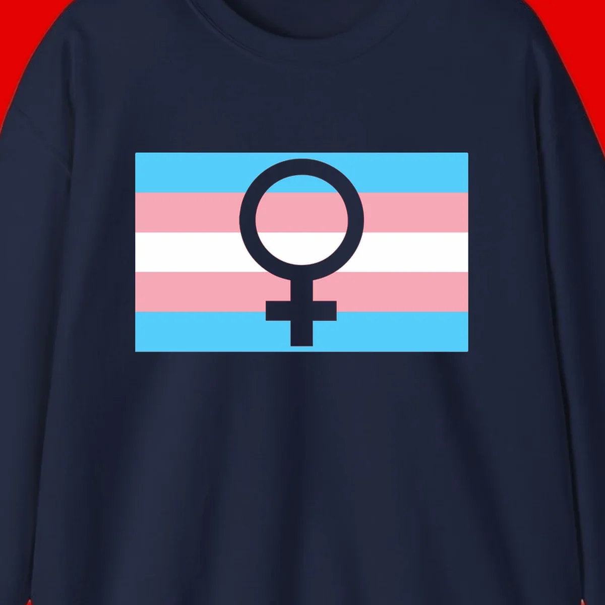 Gray female symbol centered on trans pride flag with cyan, pink, and white horizontal stripes