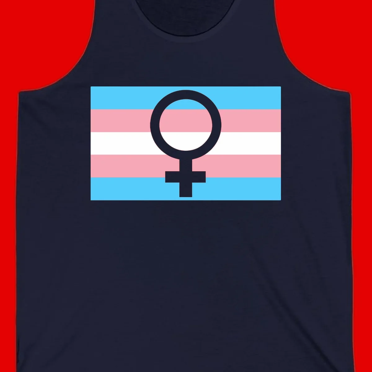 Gray female symbol centered on trans pride flag with cyan, pink, and white horizontal stripes