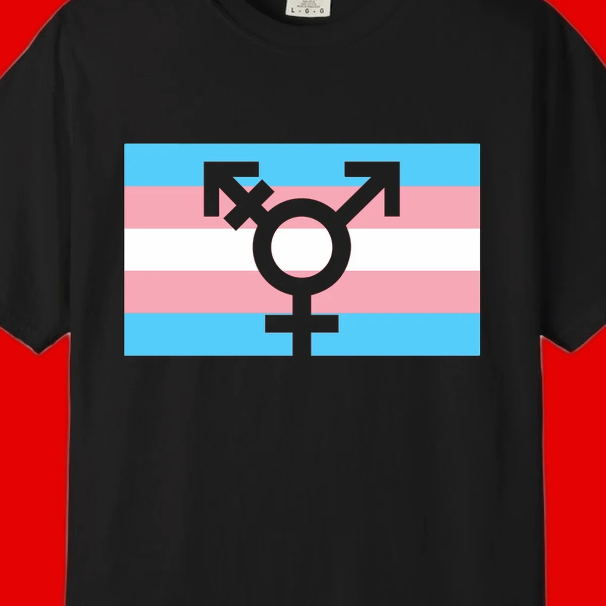Transgender pride flag with gray transgender symbol centered on light blue, pink, and white horizontal stripes