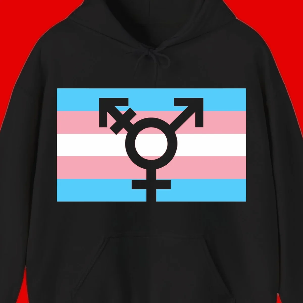 Transgender pride flag with gray transgender symbol centered on light blue, pink, and white horizontal stripes