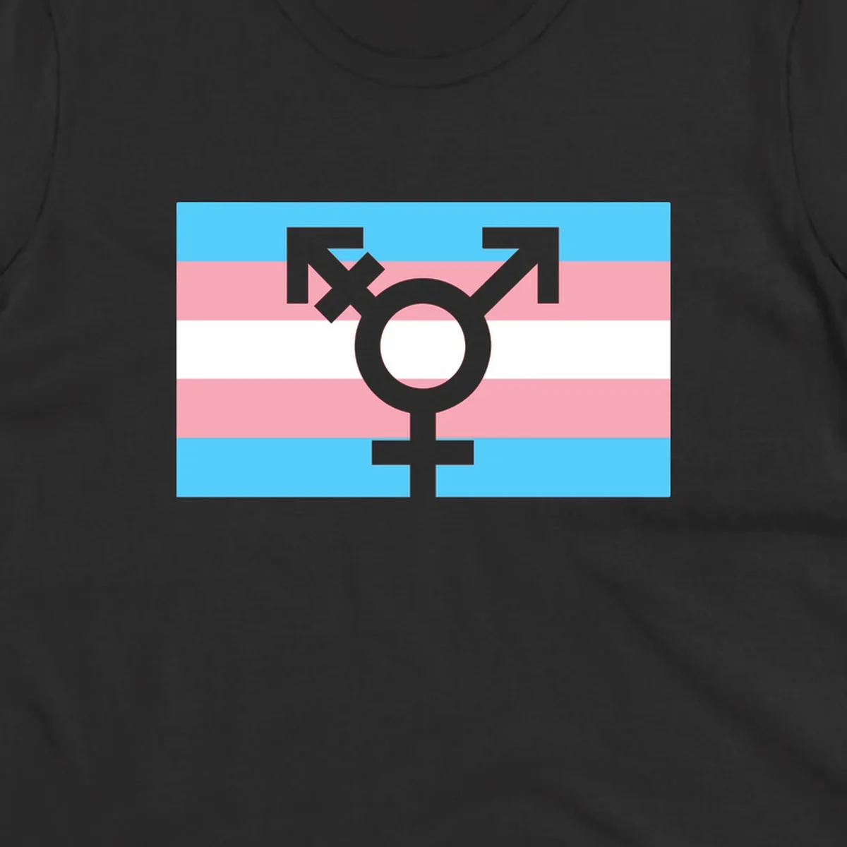 Transgender pride flag with gray transgender symbol centered on light blue, pink, and white horizontal stripes