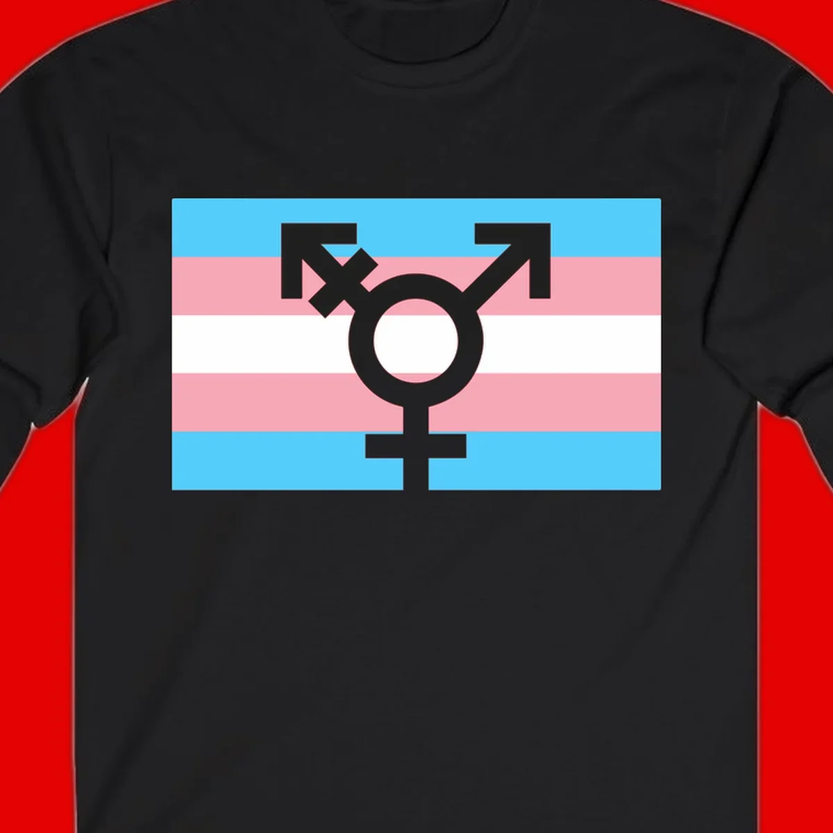 Transgender pride flag with gray transgender symbol centered on light blue, pink, and white horizontal stripes