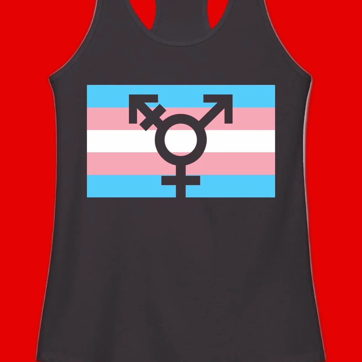 Transgender pride flag with gray transgender symbol centered on light blue, pink, and white horizontal stripes