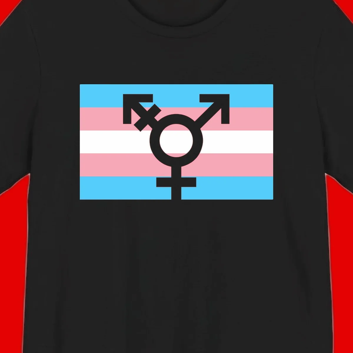 Transgender pride flag with gray transgender symbol centered on light blue, pink, and white horizontal stripes