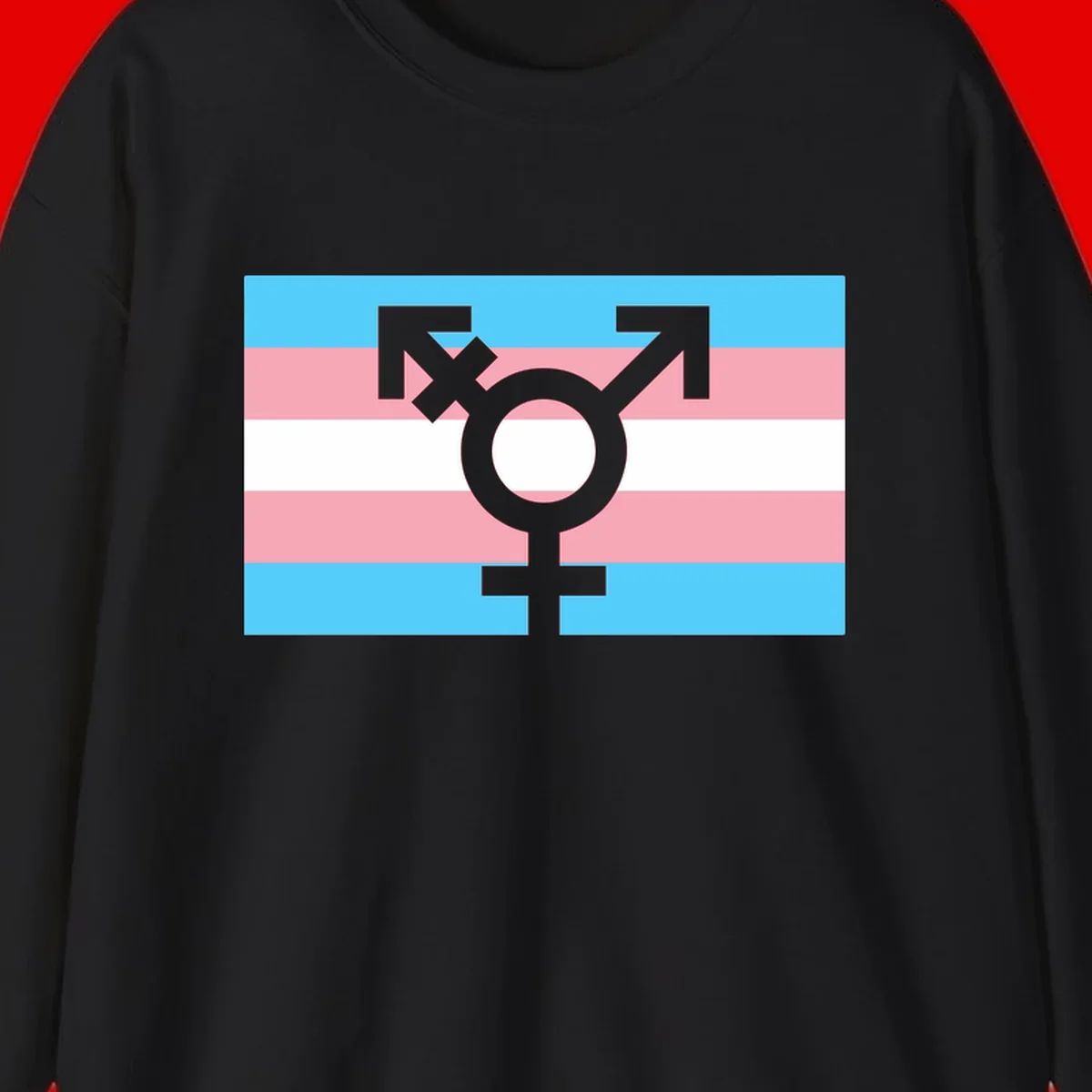 Transgender pride flag with gray transgender symbol centered on light blue, pink, and white horizontal stripes