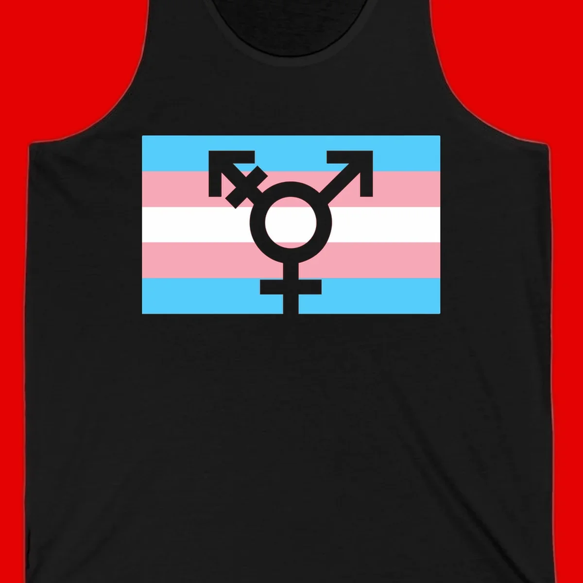 Transgender pride flag with gray transgender symbol centered on light blue, pink, and white horizontal stripes