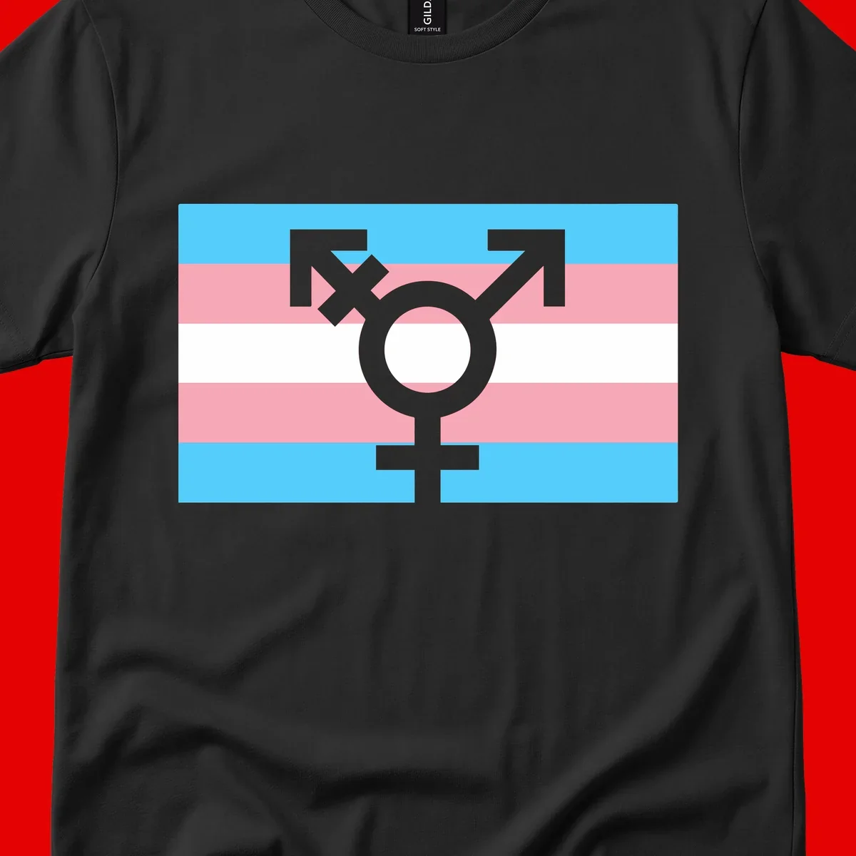 Transgender pride flag with gray transgender symbol centered on light blue, pink, and white horizontal stripes