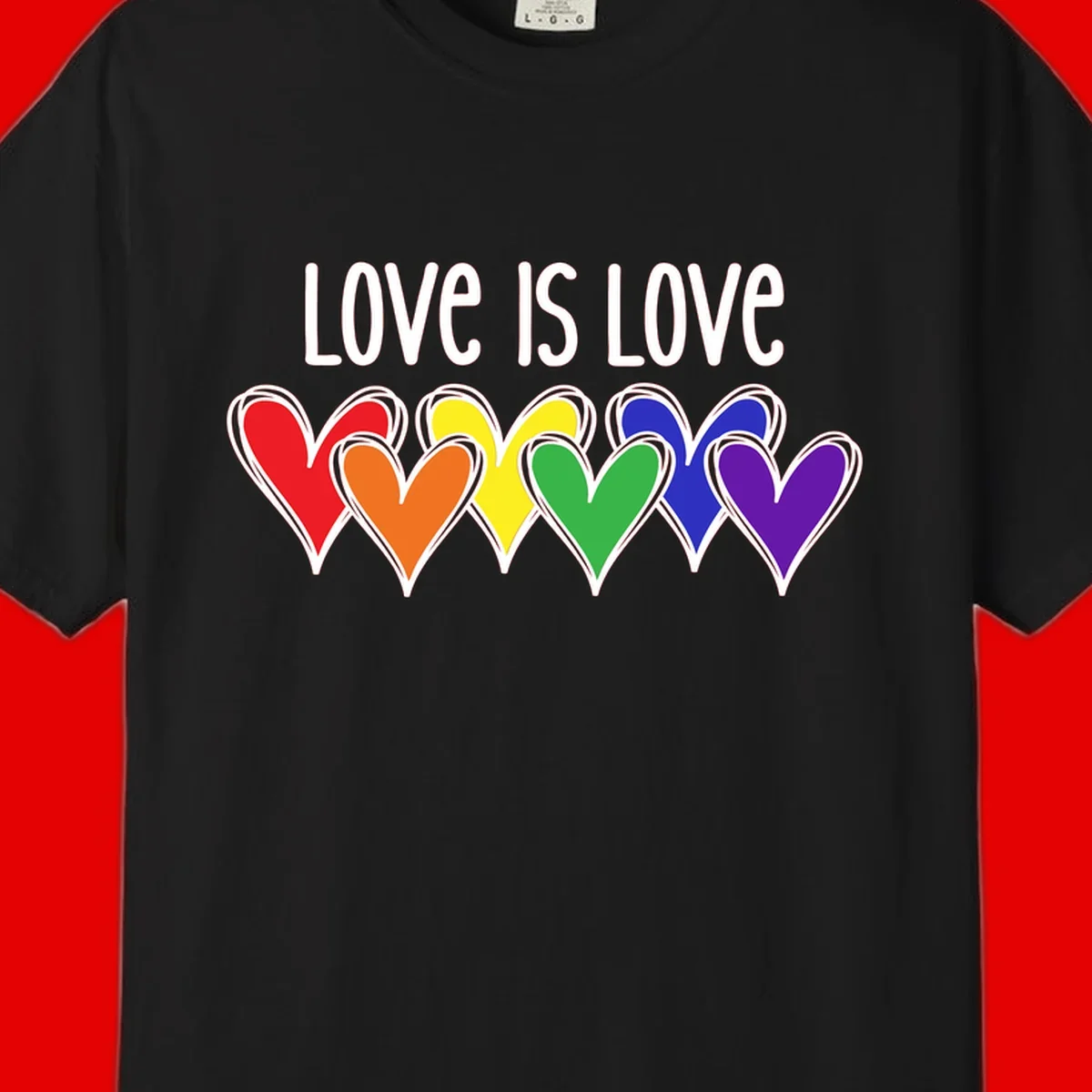 Love is love pride design with six colorful rainbow hearts in red, orange, yellow, green, blue, and purple on gray background