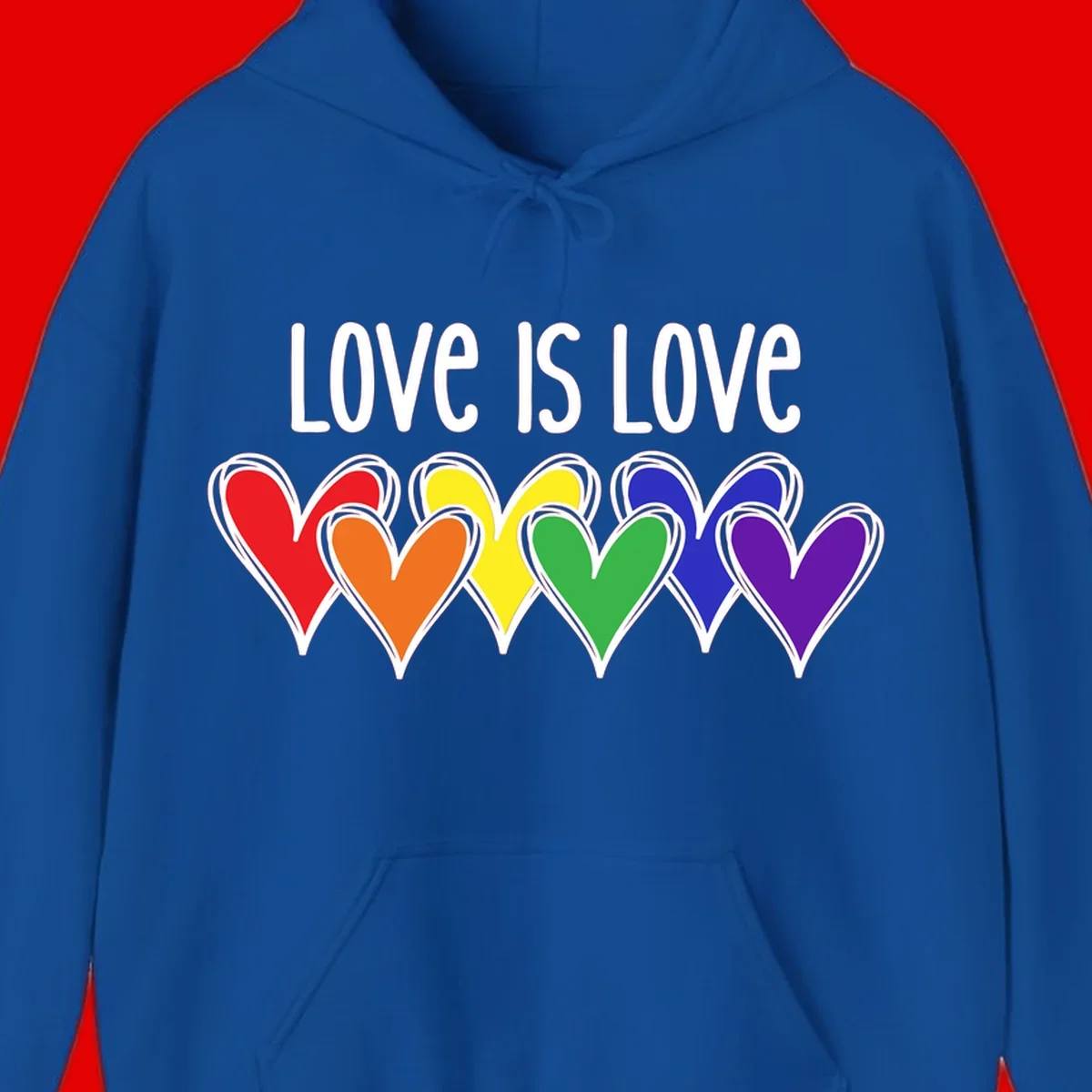 Love is love pride design with six colorful rainbow hearts in red, orange, yellow, green, blue, and purple on gray background