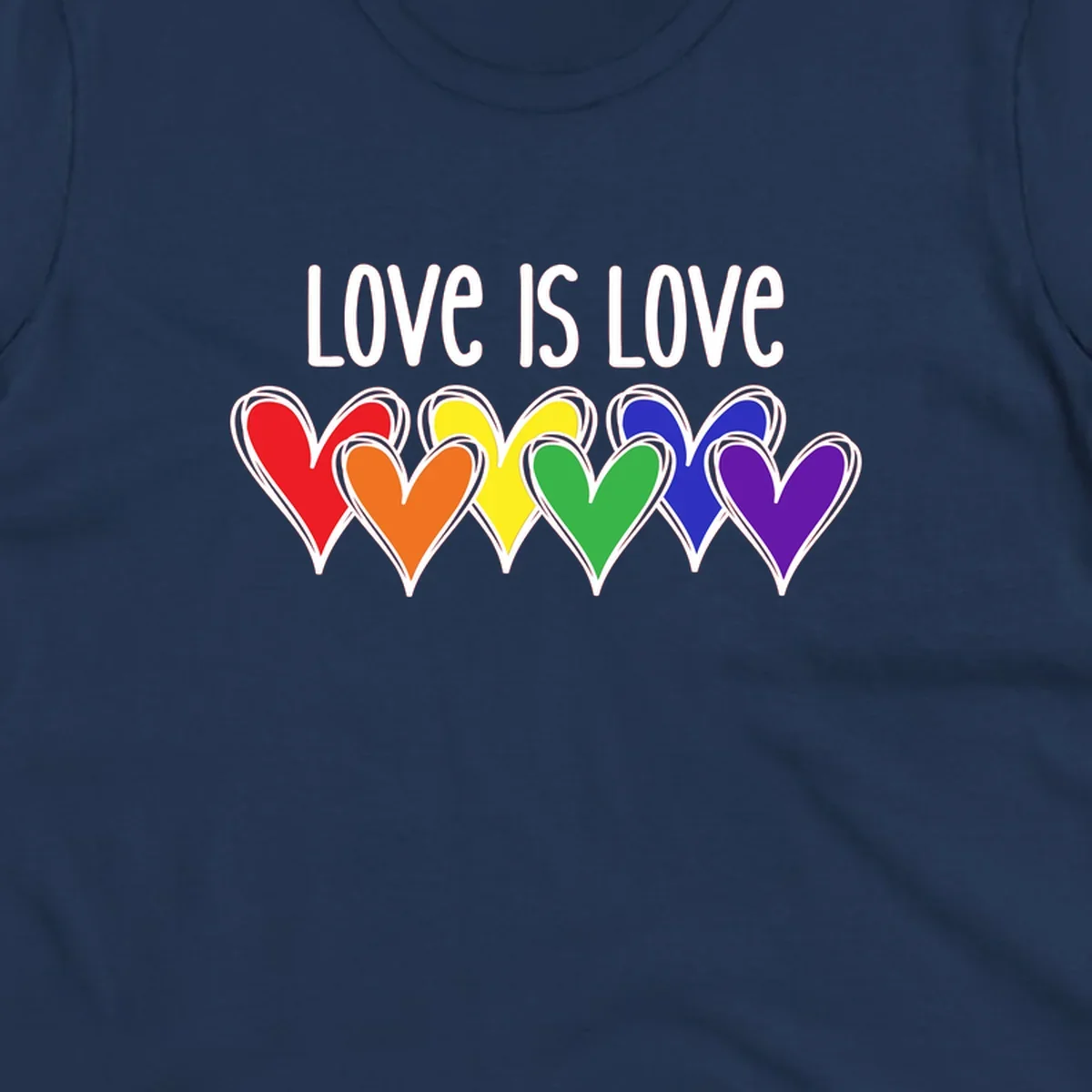 Love is love pride design with six colorful rainbow hearts in red, orange, yellow, green, blue, and purple on gray background