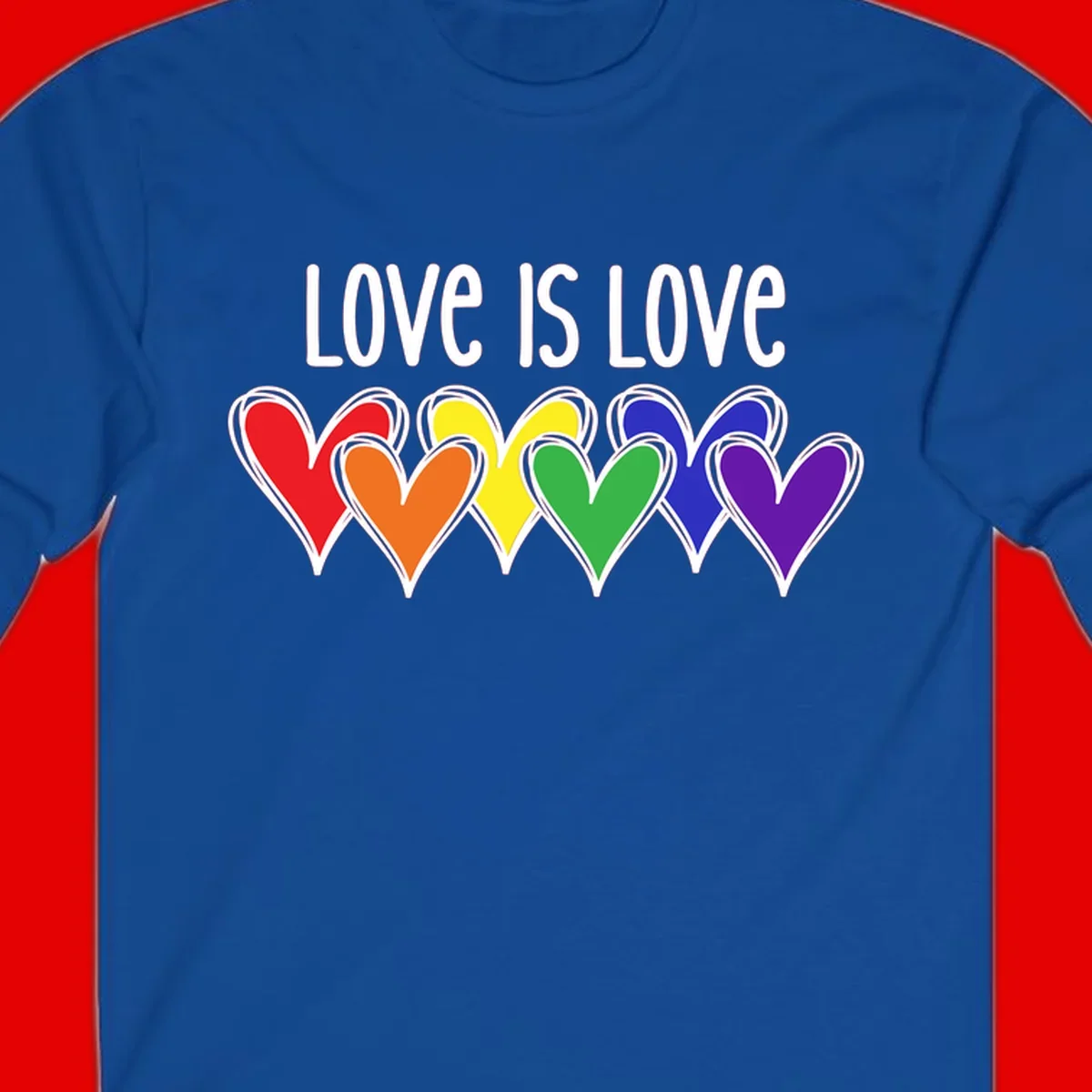 Love is love pride design with six colorful rainbow hearts in red, orange, yellow, green, blue, and purple on gray background