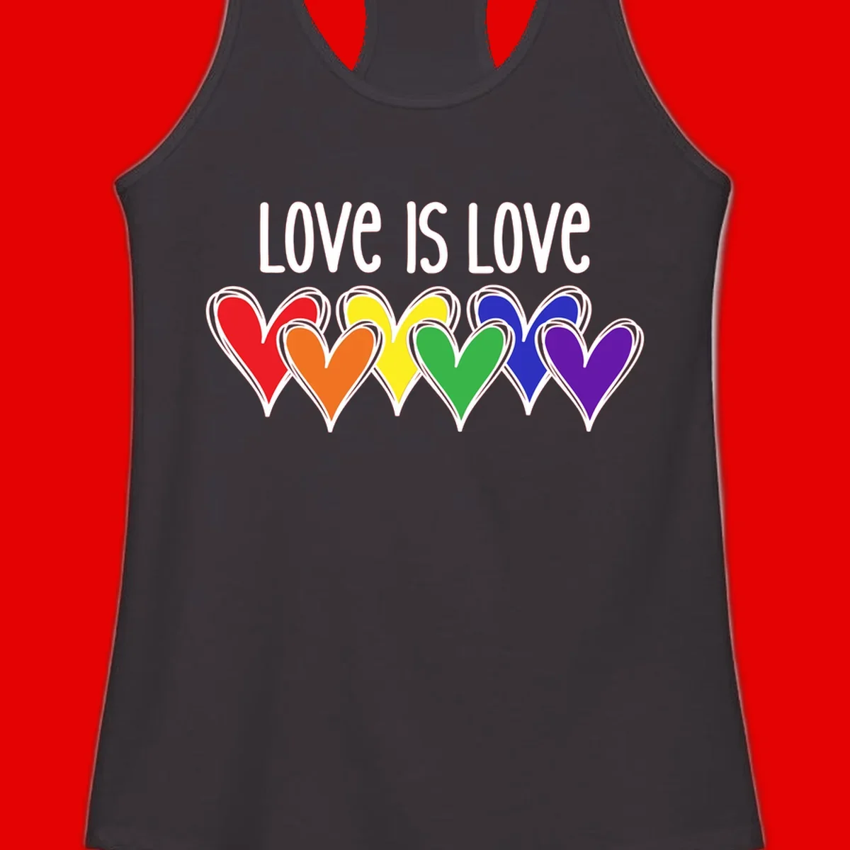 Love is love pride design with six colorful rainbow hearts in red, orange, yellow, green, blue, and purple on gray background