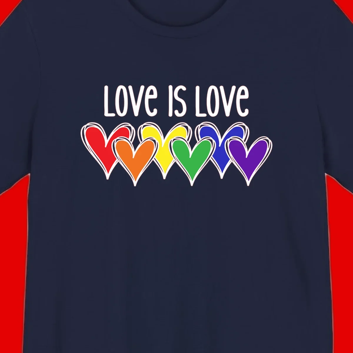 Love is love pride design with six colorful rainbow hearts in red, orange, yellow, green, blue, and purple on gray background