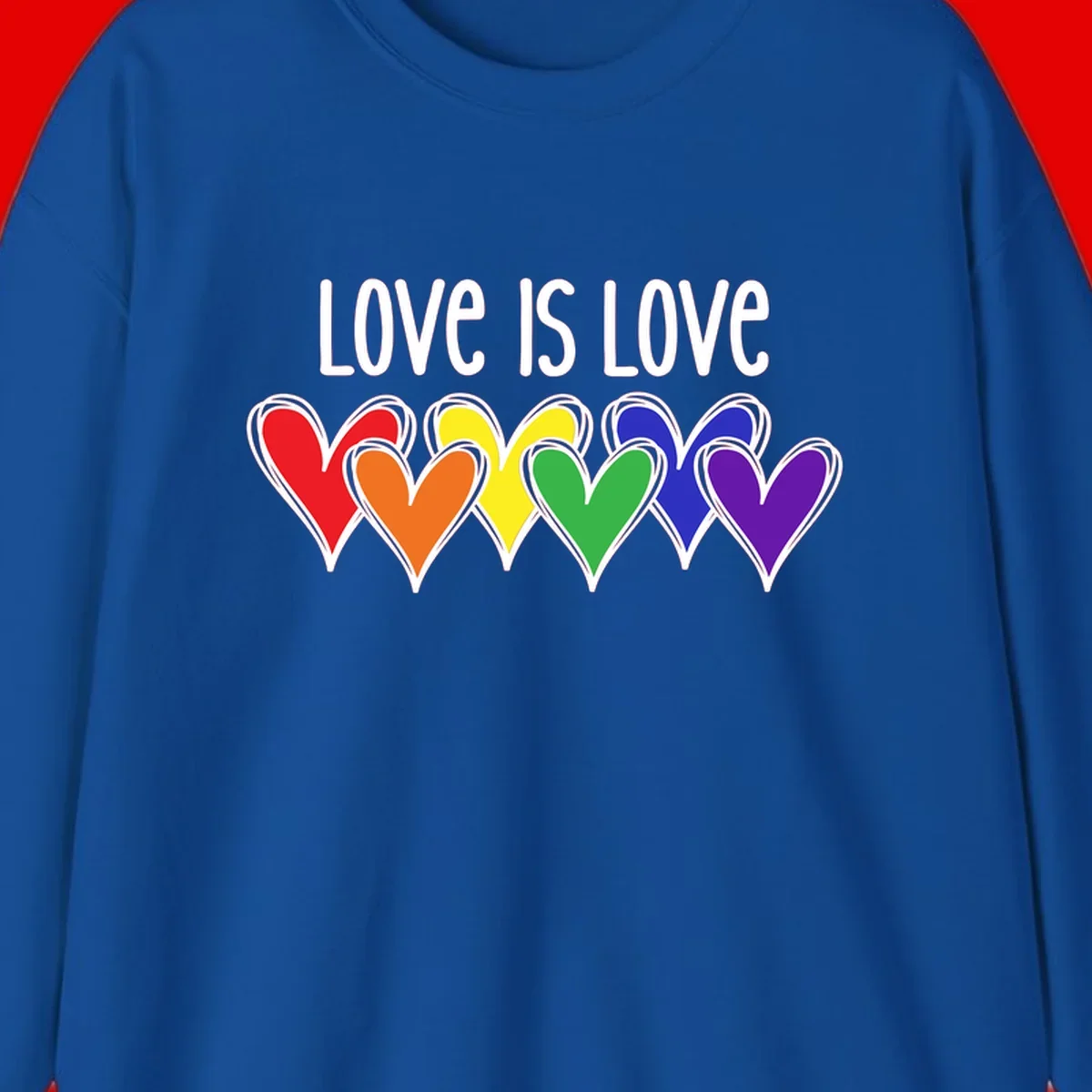 Love is love pride design with six colorful rainbow hearts in red, orange, yellow, green, blue, and purple on gray background