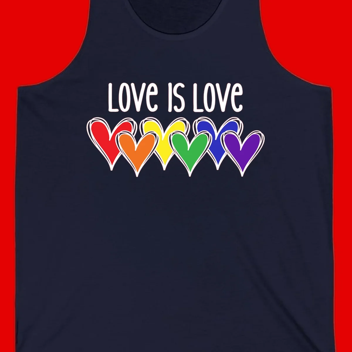 Love is love pride design with six colorful rainbow hearts in red, orange, yellow, green, blue, and purple on gray background
