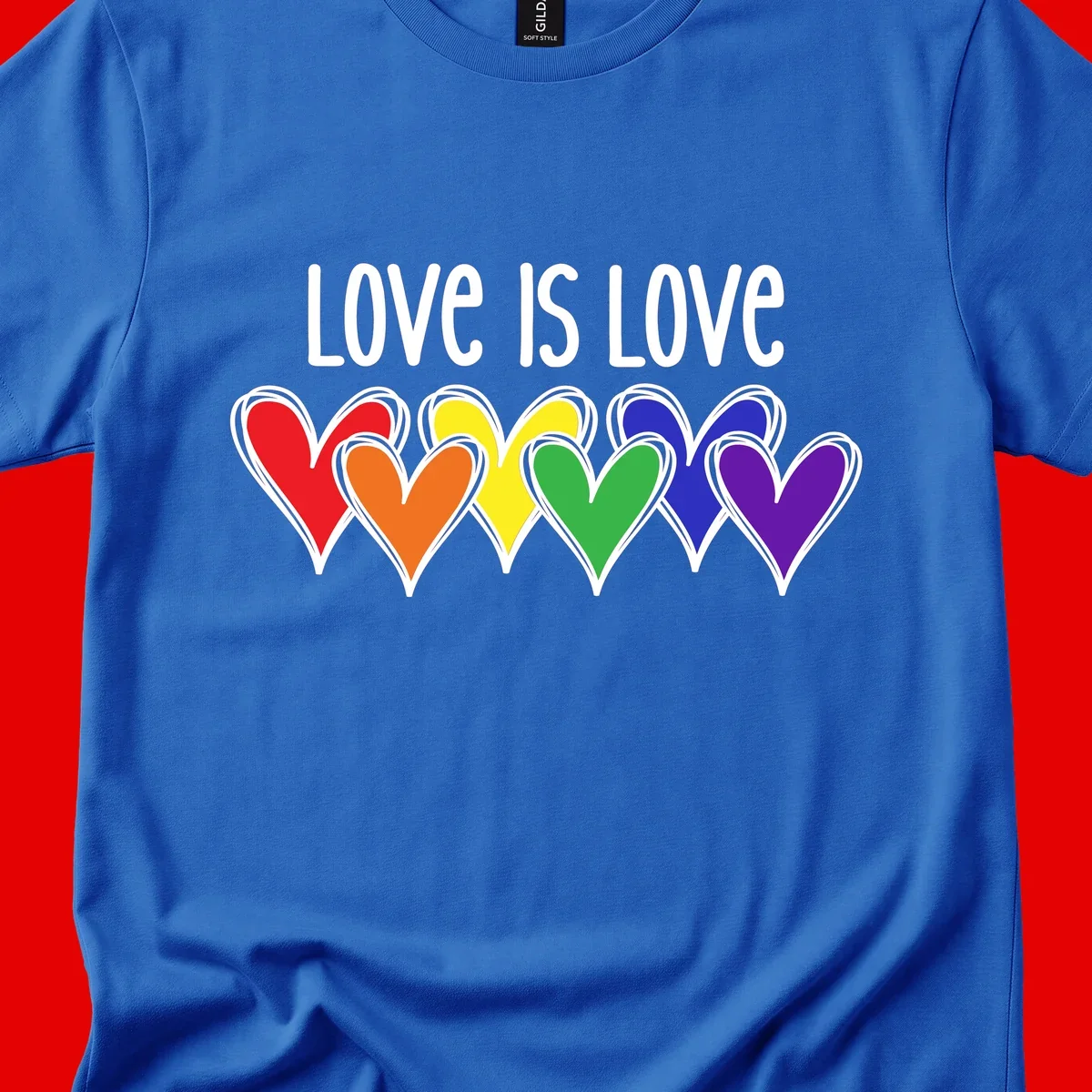 Love is love pride design with six colorful rainbow hearts in red, orange, yellow, green, blue, and purple on gray background