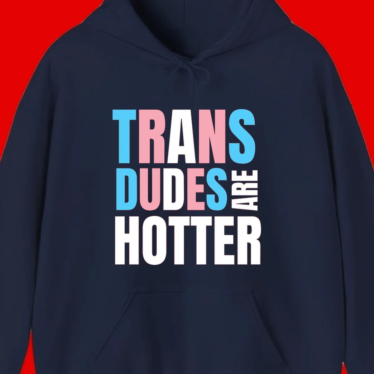 Bold typography design reading 'TRANS DUDES ARE HOTTER' in cyan, pink, and white letters on gray background
