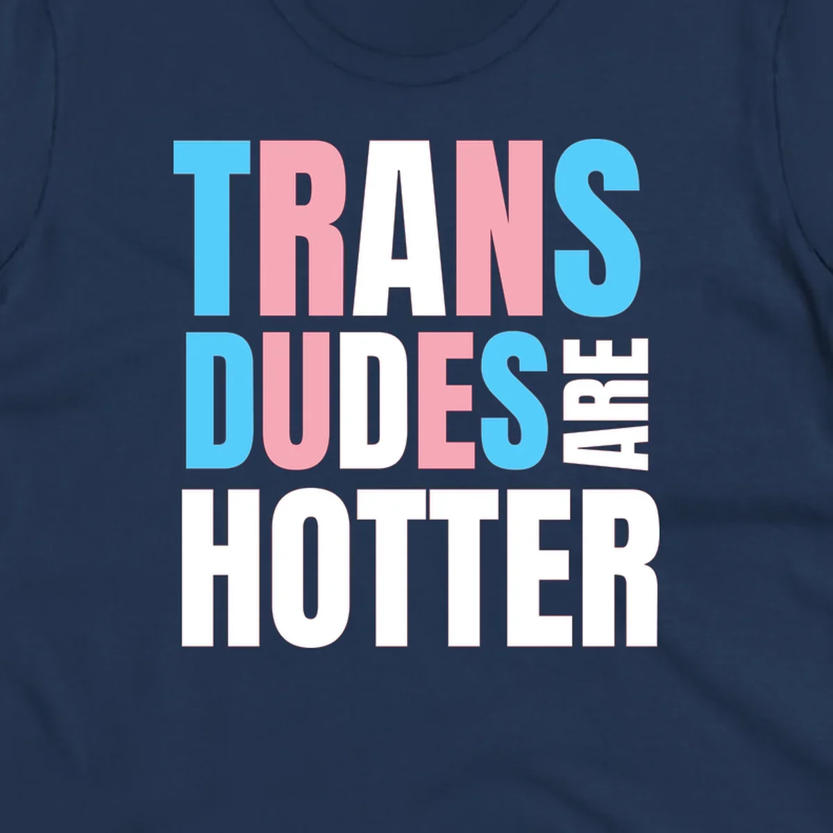 Bold typography design reading 'TRANS DUDES ARE HOTTER' in cyan, pink, and white letters on gray background