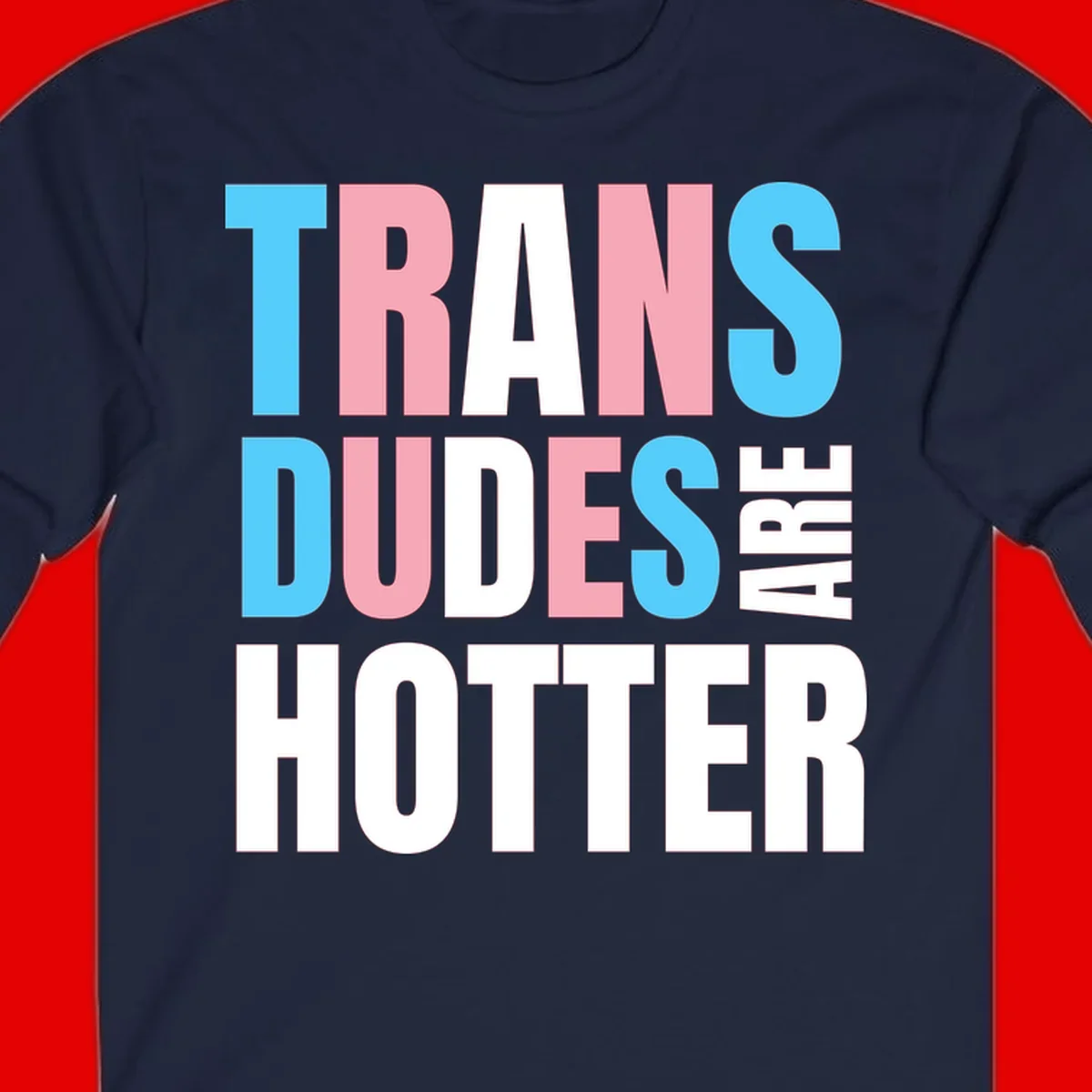 Bold typography design reading 'TRANS DUDES ARE HOTTER' in cyan, pink, and white letters on gray background