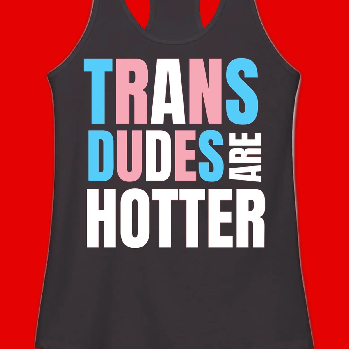 Bold typography design reading 'TRANS DUDES ARE HOTTER' in cyan, pink, and white letters on gray background