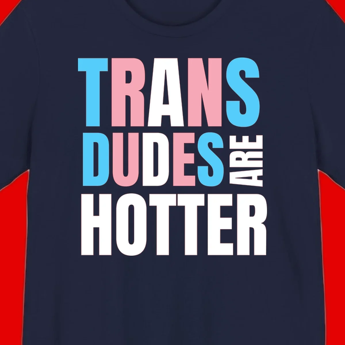 Bold typography design reading 'TRANS DUDES ARE HOTTER' in cyan, pink, and white letters on gray background