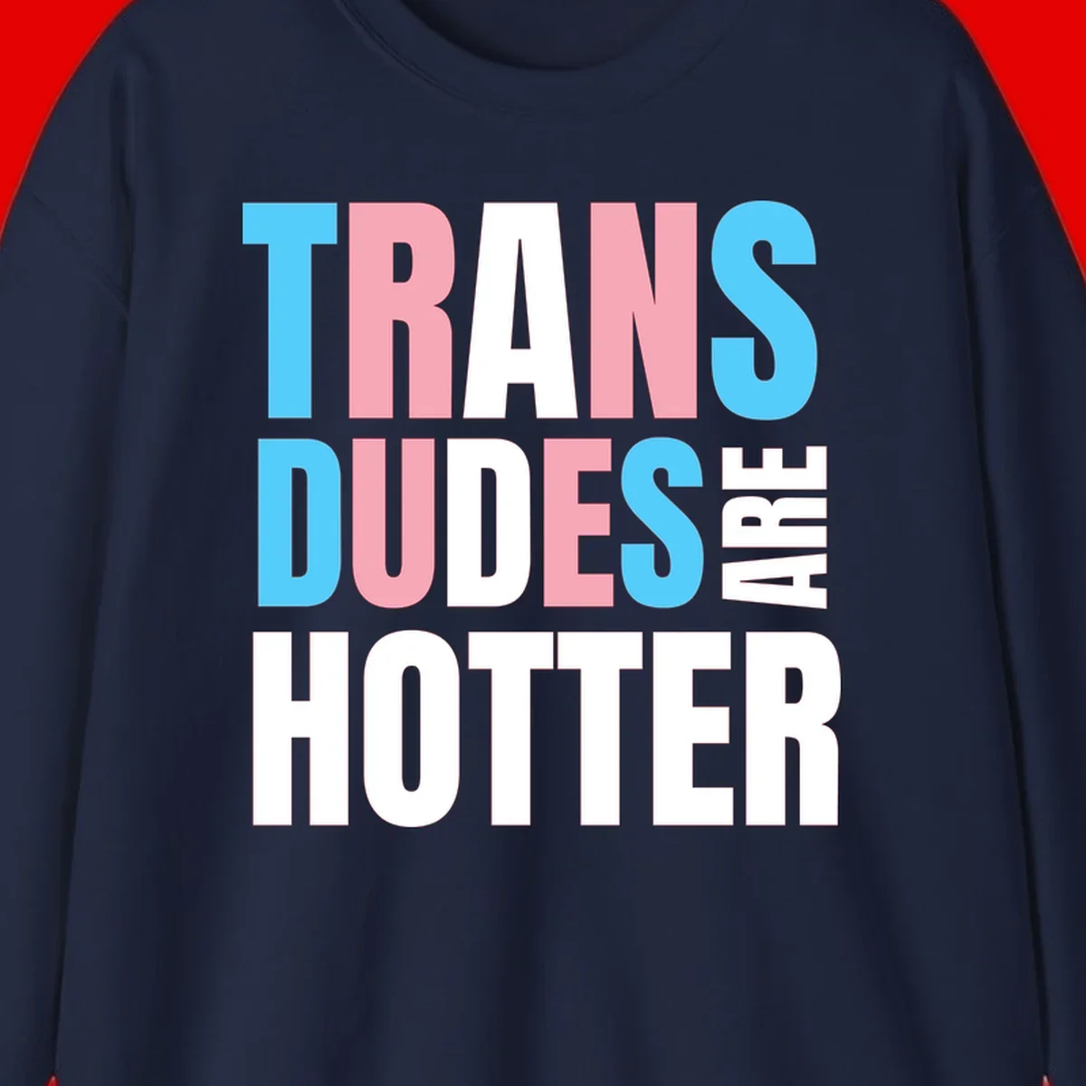Bold typography design reading 'TRANS DUDES ARE HOTTER' in cyan, pink, and white letters on gray background