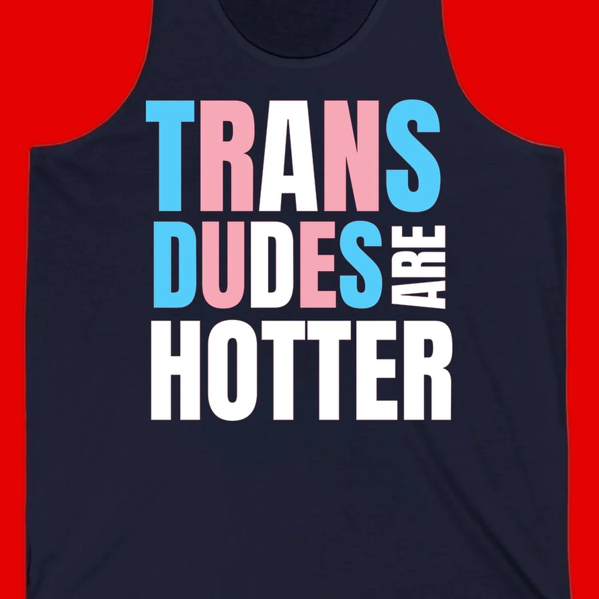 Bold typography design reading 'TRANS DUDES ARE HOTTER' in cyan, pink, and white letters on gray background
