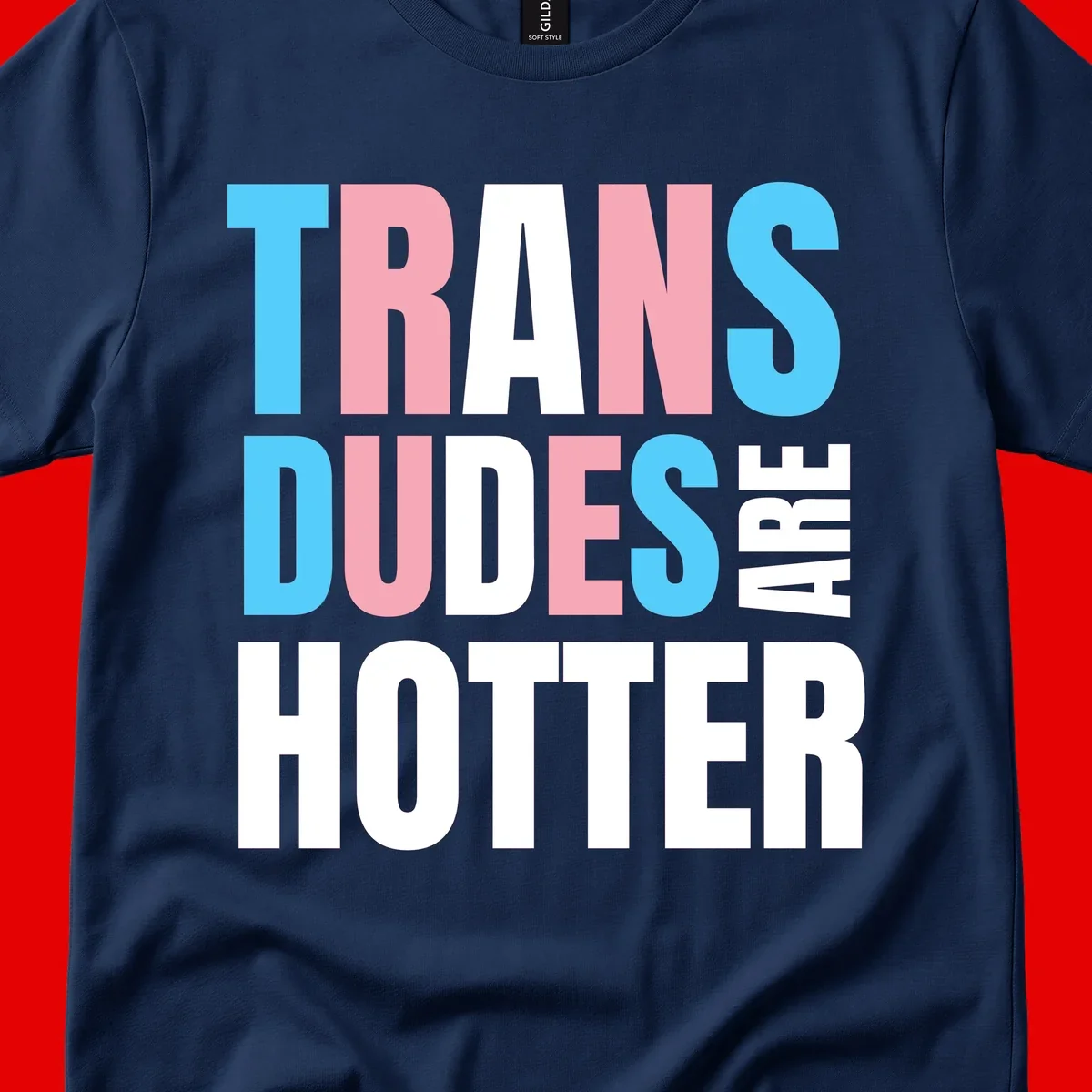 Bold typography design reading 'TRANS DUDES ARE HOTTER' in cyan, pink, and white letters on gray background