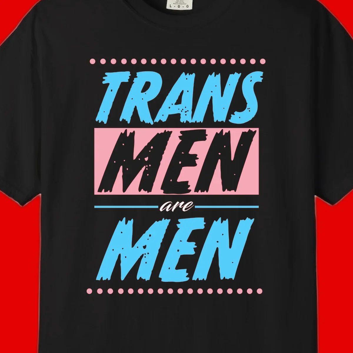 Grunge-style graphic with 'Trains New Men Are Men New' text in blue and gray with pink banner, decorated with dots border