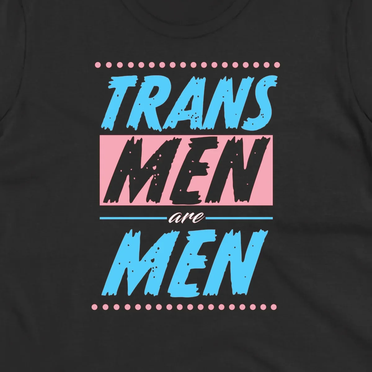Grunge-style graphic with 'Trains New Men Are Men New' text in blue and gray with pink banner, decorated with dots border