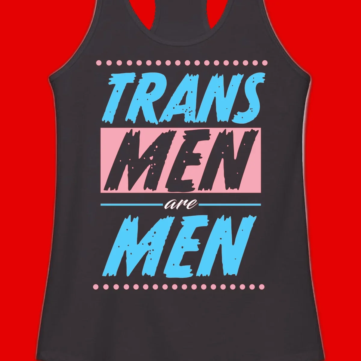 Grunge-style graphic with 'Trains New Men Are Men New' text in blue and gray with pink banner, decorated with dots border