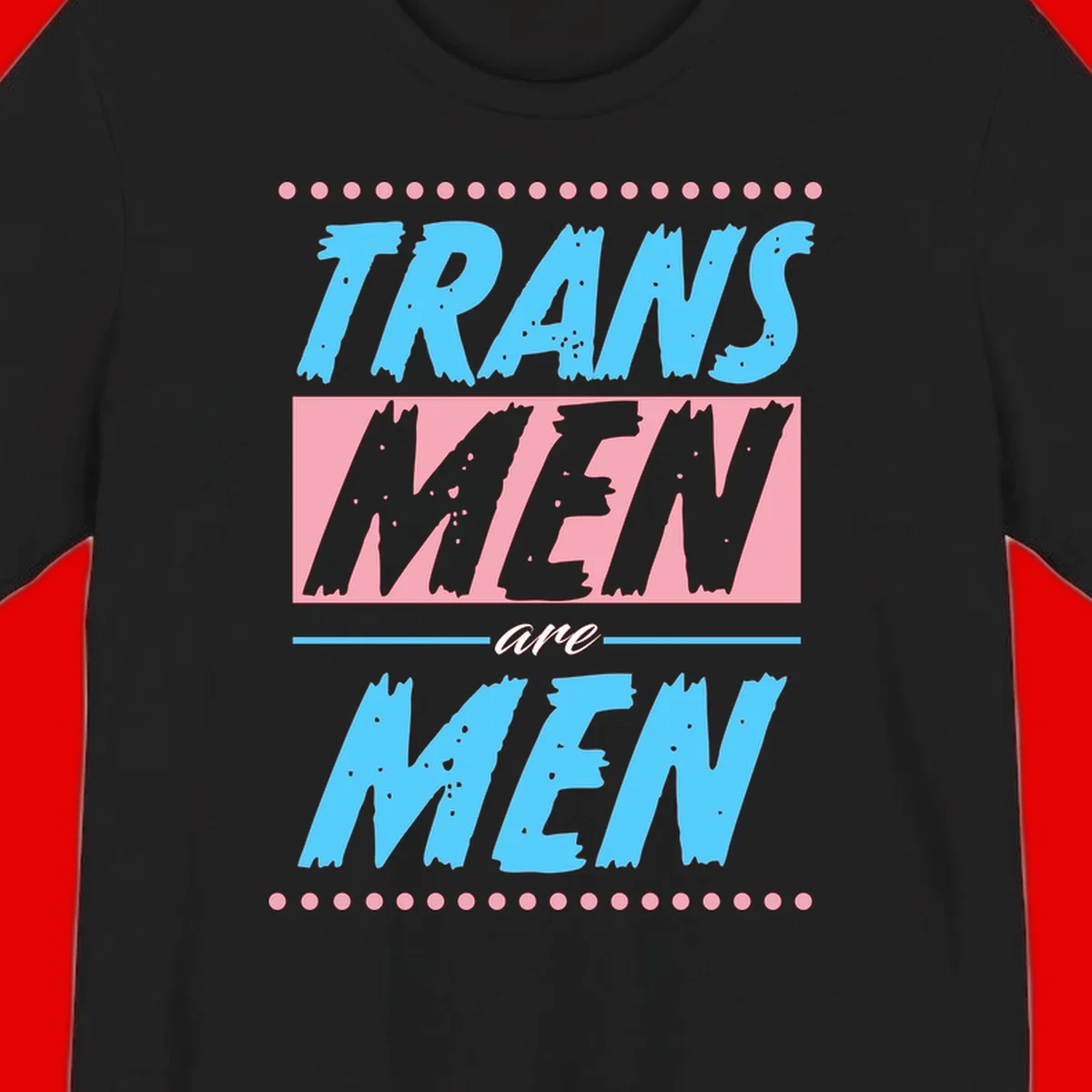 Grunge-style graphic with 'Trains New Men Are Men New' text in blue and gray with pink banner, decorated with dots border