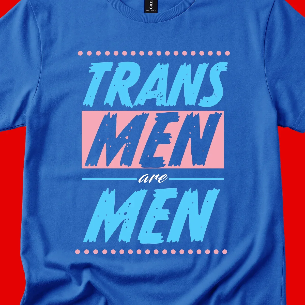 Grunge-style graphic with 'Trains New Men Are Men New' text in blue and gray with pink banner, decorated with dots border