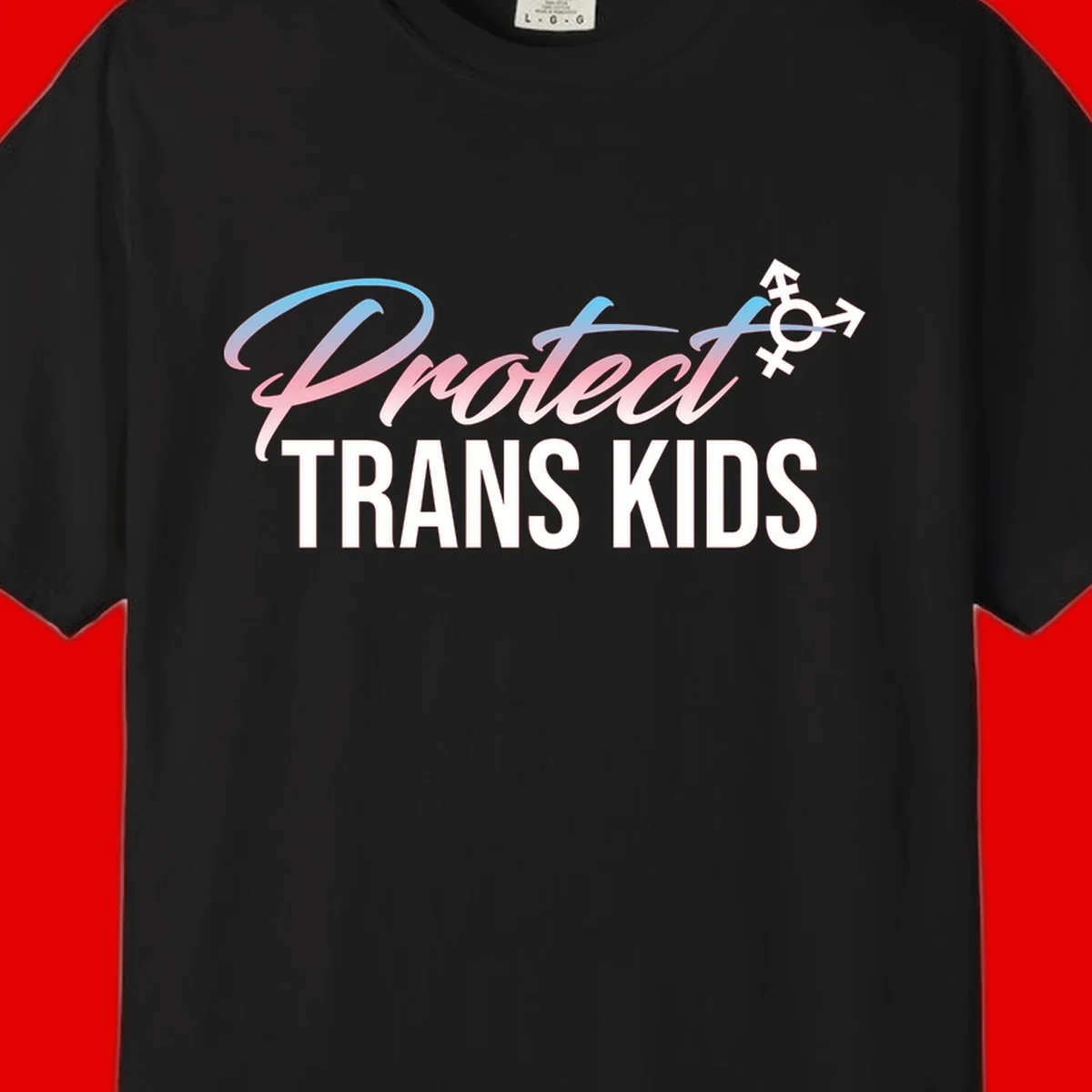 Protect trans kids design with blue-to-pink gradient text, transgender symbol, and bold typography supporting trans youth