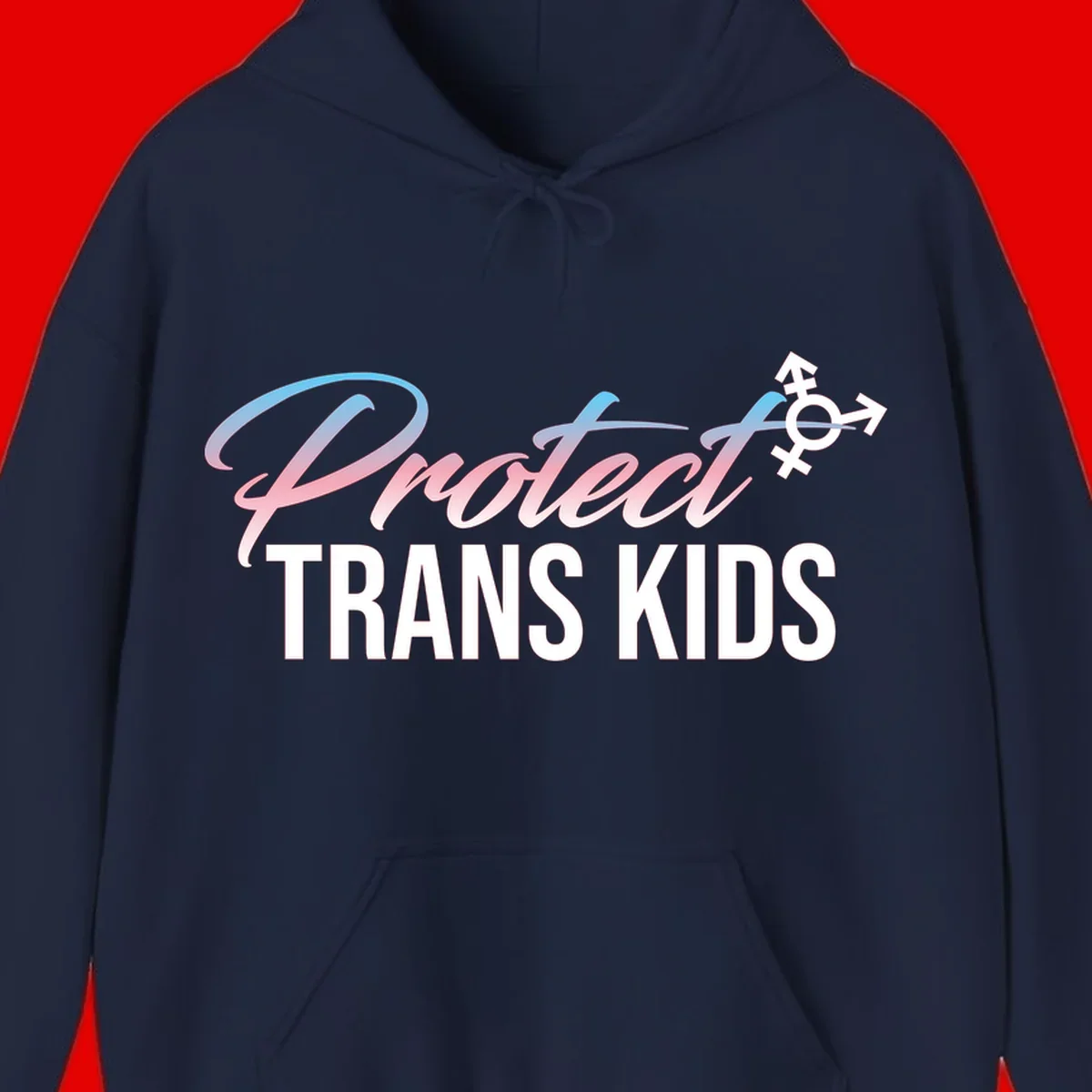Protect trans kids design with blue-to-pink gradient text, transgender symbol, and bold typography supporting trans youth