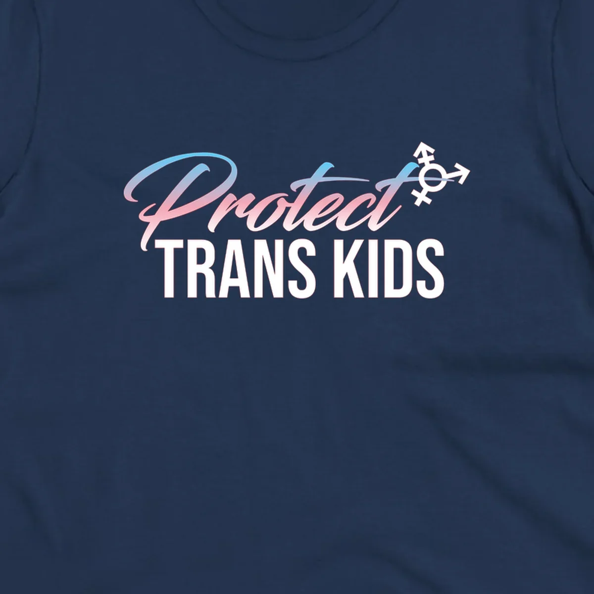 Protect trans kids design with blue-to-pink gradient text, transgender symbol, and bold typography supporting trans youth