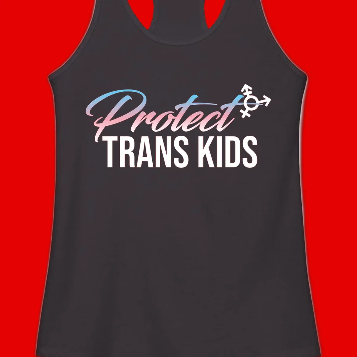 Protect trans kids design with blue-to-pink gradient text, transgender symbol, and bold typography supporting trans youth