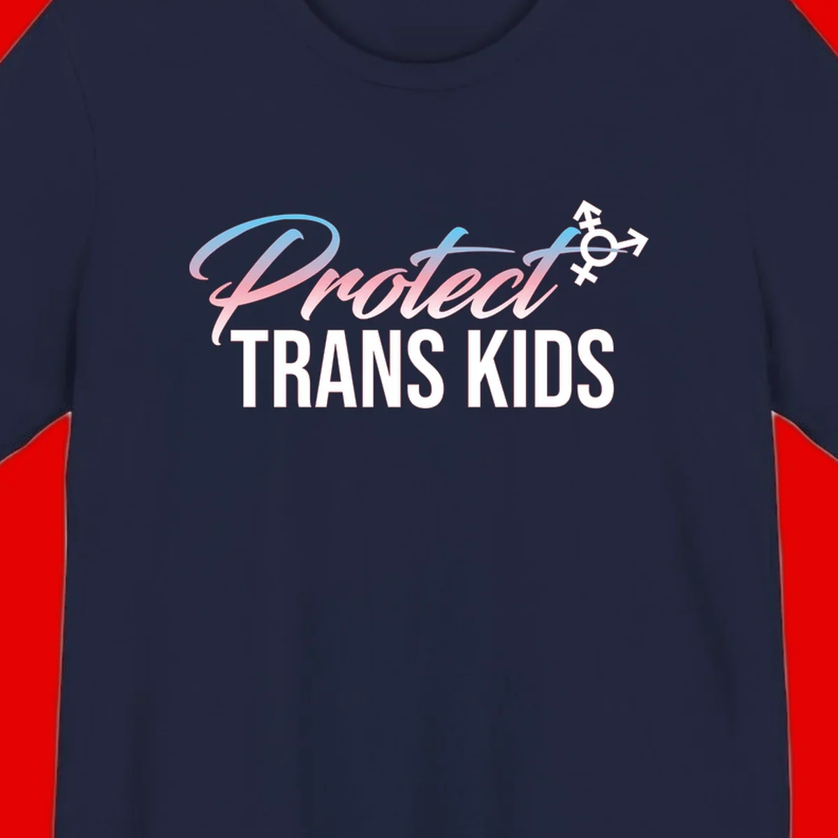 Protect trans kids design with blue-to-pink gradient text, transgender symbol, and bold typography supporting trans youth
