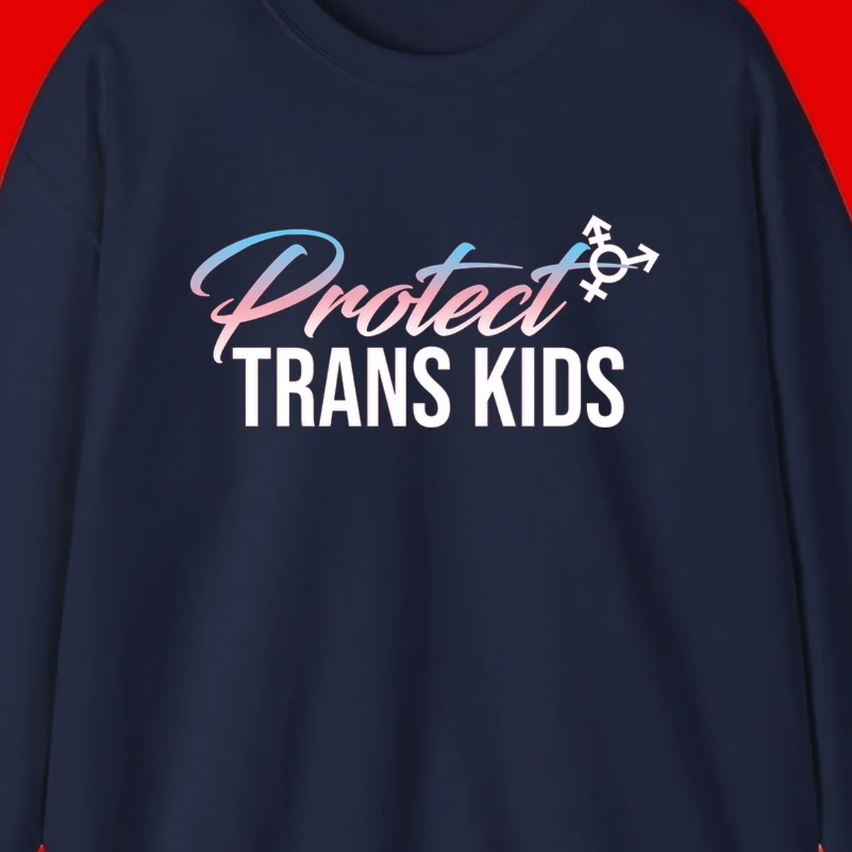 Protect trans kids design with blue-to-pink gradient text, transgender symbol, and bold typography supporting trans youth